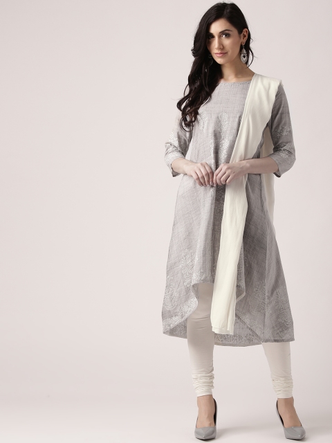 

IMARA Women Grey & Off-White Printed Kurta with Churidar & Dupatta