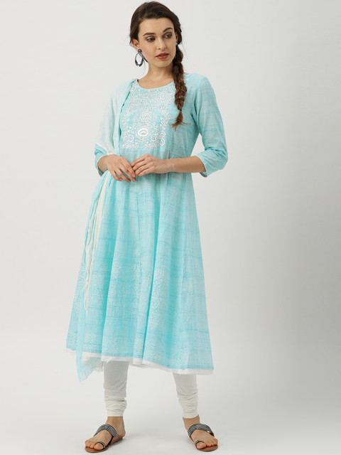 

IMARA Women Blue & White Self-Design Kurta with Churidar & Dupatta