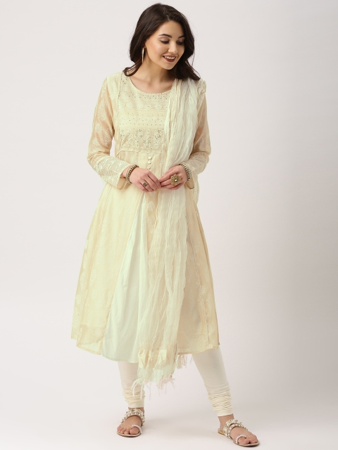 

IMARA Women Beige & Off-White Printed Kurta with Churidar & Dupatta