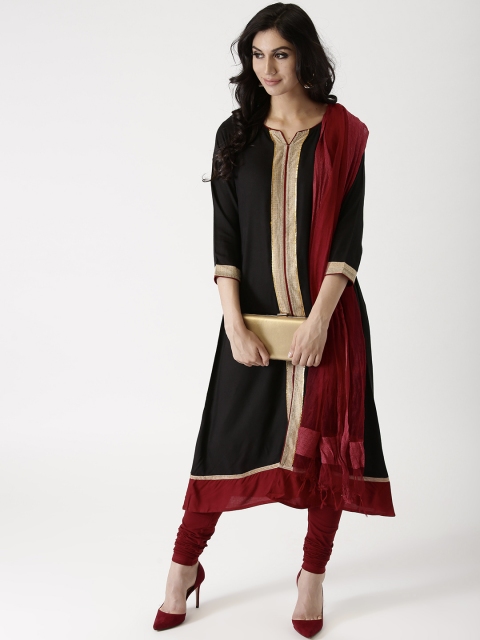 

IMARA Women Black & Maroon Solid Kurta with Churidar & Dupatta