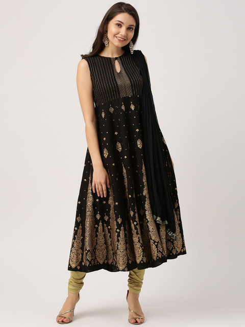 

IMARA Women Black & Gold-Toned Printed Kurta with Churidar & Dupatta