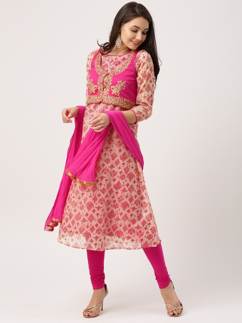 

IMARA Women Magenta & Printed Kurta with Churidar & Dupatta