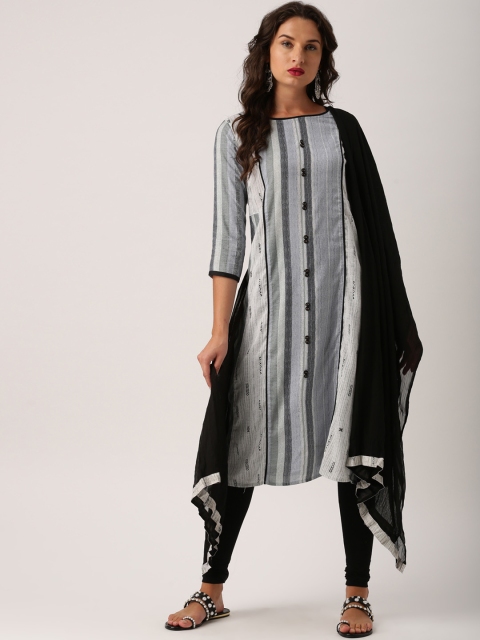 

IMARA Women Grey & Black Printed Kurta with Churidar & Dupatta