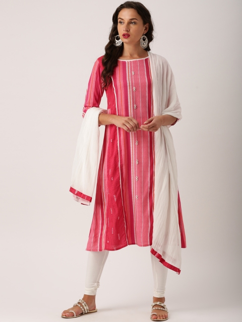 

IMARA Women Pink & Off-White Striped Kurta with Churidar & Dupatta