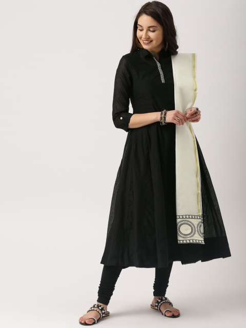 

IMARA Women Black & Off-White Solid Kurta with Churidar & Dupatta