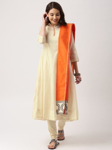 

IMARA Women Off-White & Orange Solid Kurta with Churidar & Dupatta