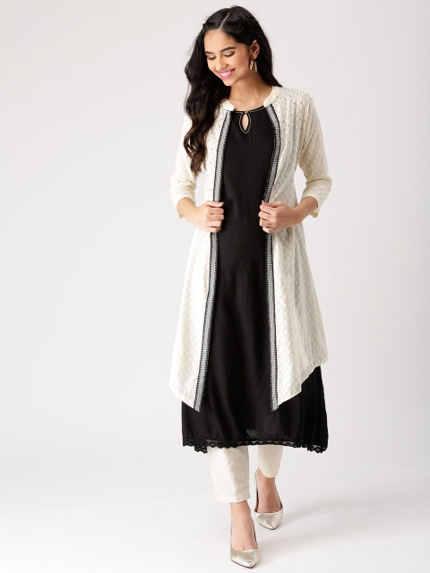 

IMARA Women Off-White & Black Woven Design A-Line Layered Kurta