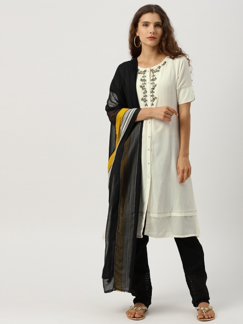 

IMARA Women Off-White & Black Yoke Design Kurta with Trousers & Dupatta