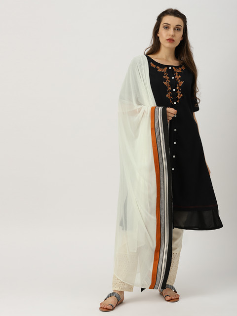 

IMARA Women Black & Off-White Yoke Design Kurta with Trousers & Dupatta