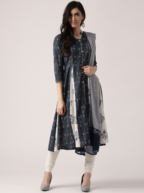 

IMARA Women Navy Blue & White Printed A-Line Kurta with Churidar & Dupatta