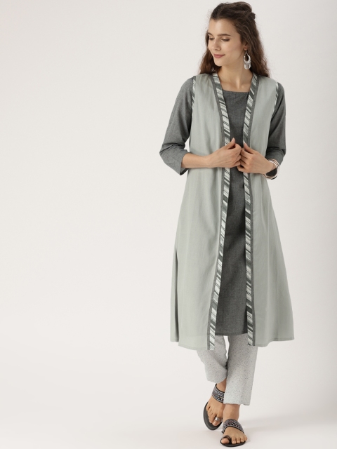 

IMARA Women Grey Solid Straight Layered Kurta