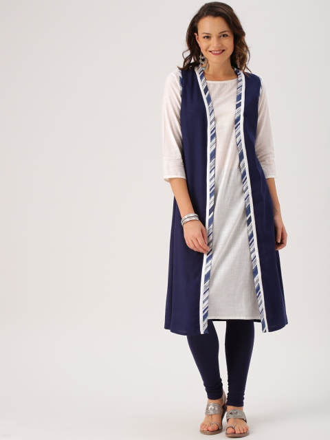

IMARA Women Off-White & Blue Solid Straight Layered Kurta