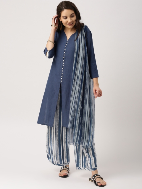 

IMARA Women Navy & Off-White Solid Kurta with Palazzos & Dupatta, Navy blue