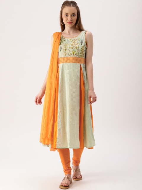 

IMARA Women Green & Orange Printed Kurta with Churidar & Dupatta