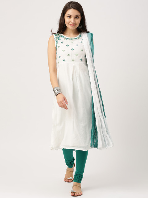 

IMARA Women White & Green Solid Kurta with Churidar & Dupatta