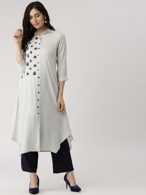 

IMARA Women Off-White & Navy Blue Printed Kurta with Trousers