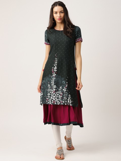 

IMARA Women Charcoal Grey Printed A-Line Layered Kurta