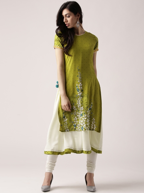 

IMARA Women Green & Off-White Printed Layered Anarkali Kurta