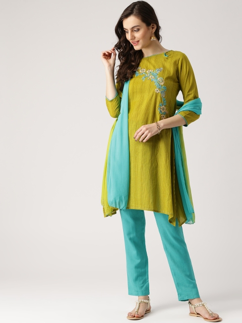 

IMARA Women Green & Blue Striped Kurta with Trousers & Dupatta