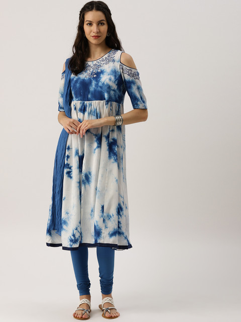 

IMARA Women Blue & White Dyed Cold-Shoulder Kurta with Pyjamas & Dupatta