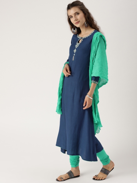 

IMARA Women Blue & Sea Green Solid Kurta with Churidar & Dupatta