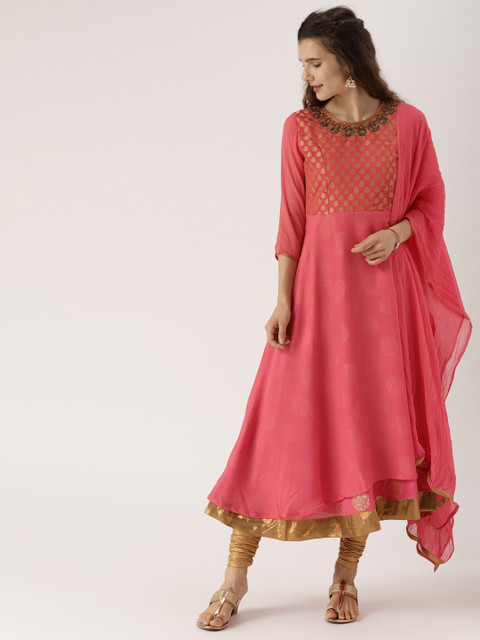 

IMARA Women Pink & Beige Printed Kurta with Churidar & Dupatta