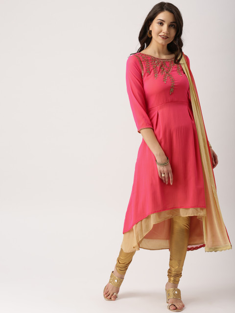 

IMARA Women Pink & Beige Solid Kurta with Churidar & Dupatta