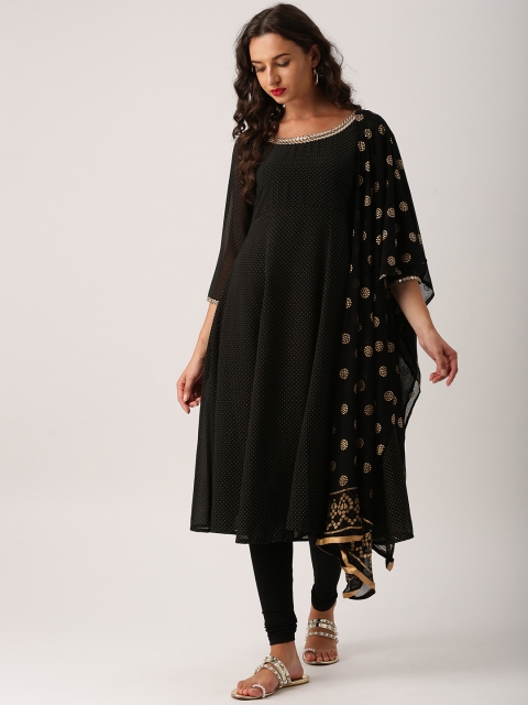 

IMARA Women Black Printed Kurta with Churidar & Dupatta
