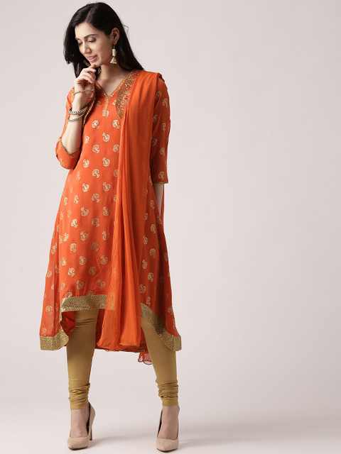 

IMARA Women Orange & Golden Printed Layered A-Line Kurta with Churidar & Dupatta