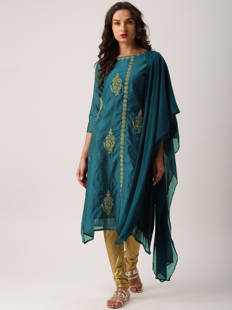 

IMARA Women Blue & Gold-Toned Embroidered Kurta with Churidar & Dupatta