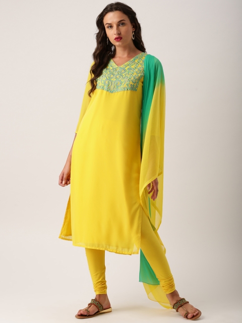 

IMARA Women Yellow Embroidered Kurta with Churidar & Dupatta