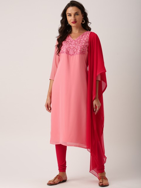 

IMARA Women Pink & Red Embroidered Kurta with Churidar & Dupatta