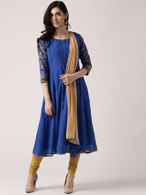 

IMARA Women Blue & Golden Solid Anarkali Kurta with Churidar & Dupatta