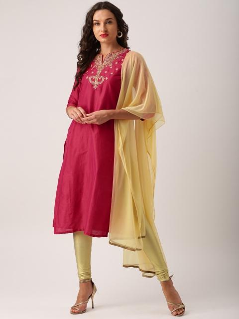 

IMARA Women Pink & Golden Yoke Design Kurta with Churidar & Dupatta
