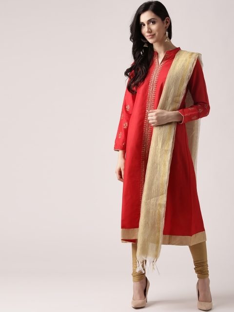 

IMARA Women Red & Golden Solid Kurta with Churidar & Dupatta