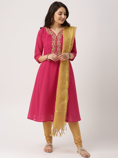 

IMARA Women Pink & Gold-Toned Kurta with Churidar & Dupatta