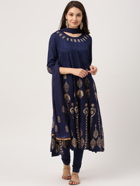 

IMARA Women Navy Blue & Printed Kurta Set with Churidar & Dupatta