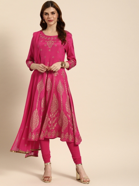 

IMARA Women Pink & Golden Printed Kurta with Churidar & Dupatta