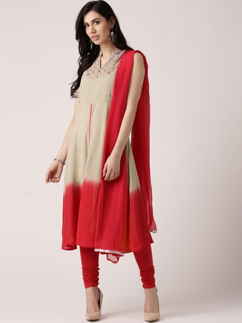 

IMARA Women Taupe & Red Dyed Kurta with Churidar & Dupatta