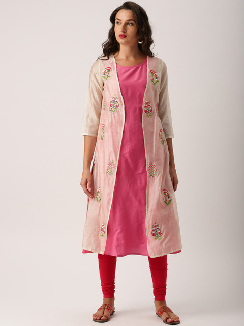 

IMARA Women Cream & Pink Embroidered A-Line Layered Kurta