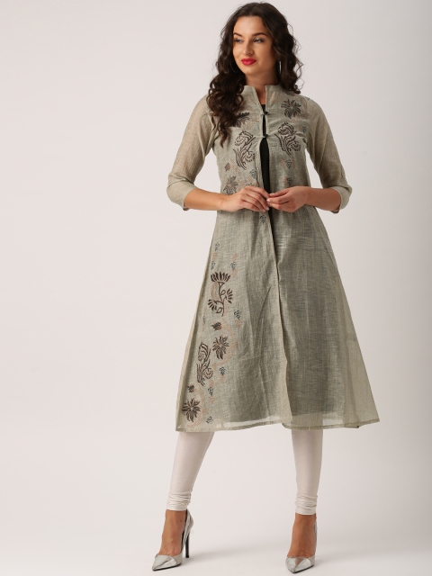 

IMARA Women Beige & Black Printed A-Line Layered Kurta