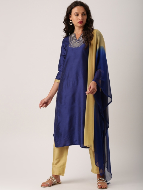 

IMARA Women Blue & Beige Embroidered Kurta with Pyjamas & Dupatta