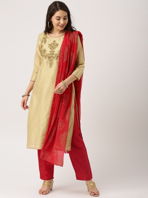 

IMARA Women Cream-Coloured & Red Solid Kurta with Trousers & Dupatta