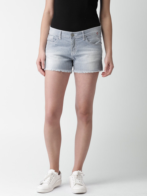

Mast & Harbour Women Blue Striped Slim Fit Denim Shorts