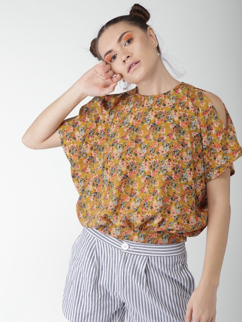 

Encrypt Women Mustard Yellow Printed Styled Back Top