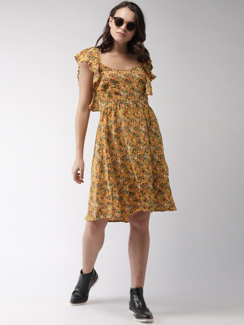 

Encrypt Women Mustard Yellow Printed Fit and Flare Dress