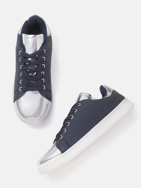 

Lavie Women Navy Blue & Silver-Toned Croc Textured Sneakers