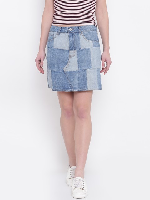 

FOREVER 21 Blue Panelled Denim A-Line Pure Cotton Skirt