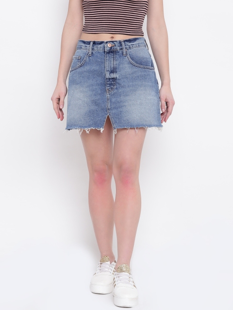 

FOREVER 21 Blue Washed Denim Mini A-Line Pure Cotton Skirt