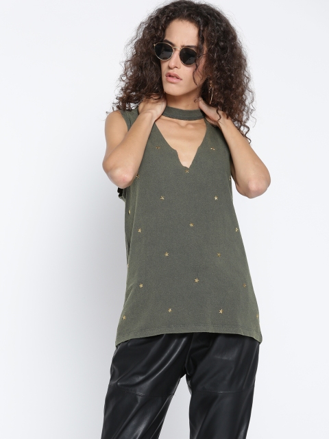 

FOREVER 21 Women Olive Green Embellished Pure Cotton Top